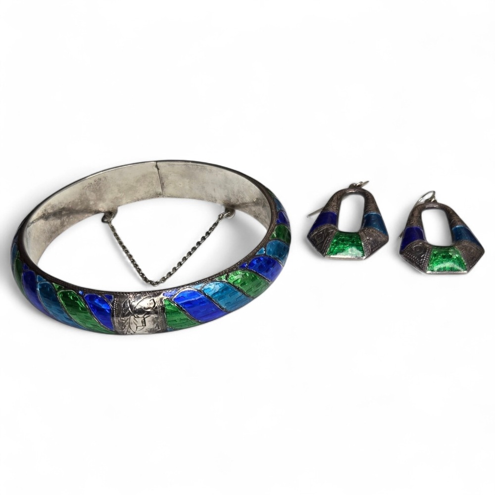 Vintage Sterling Silver 925 Enamel Blue Green Hinged Bangle Bracelet Earring Set - Picture 2 of 13